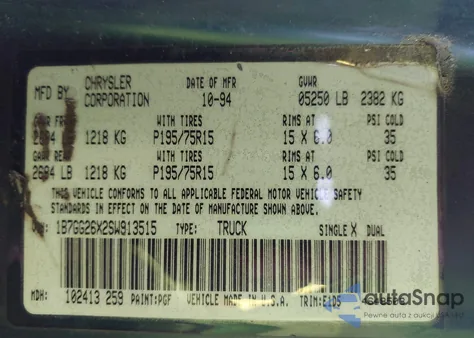 1995 Dodge Dakota z USA, uszkodzony, nr VIN 1B7GG26X2SW913515
